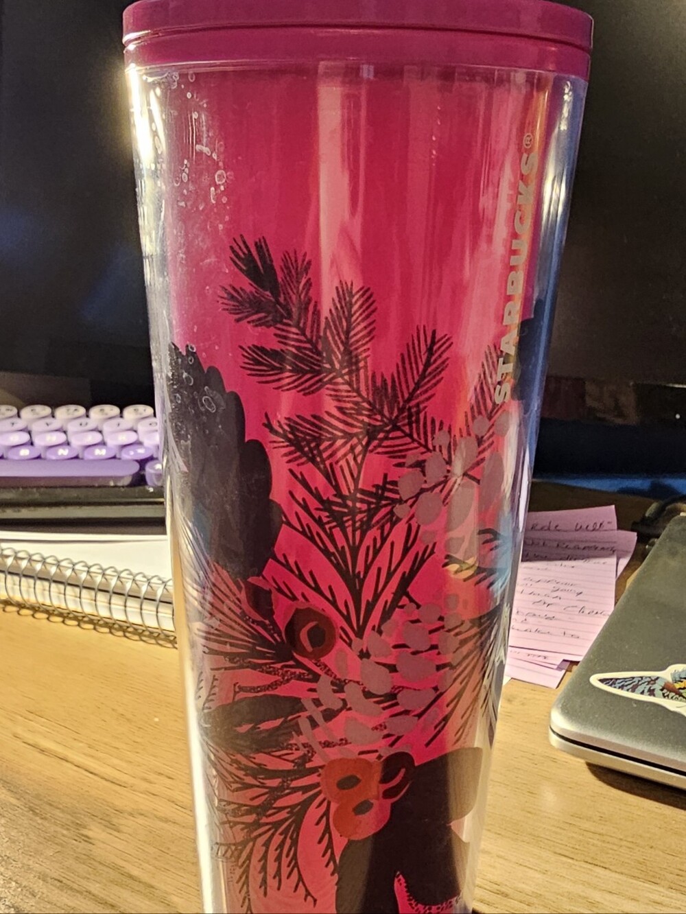 Starbucks Holiday Tumbler -Hot Pink Floral Pine Branch Tumbler